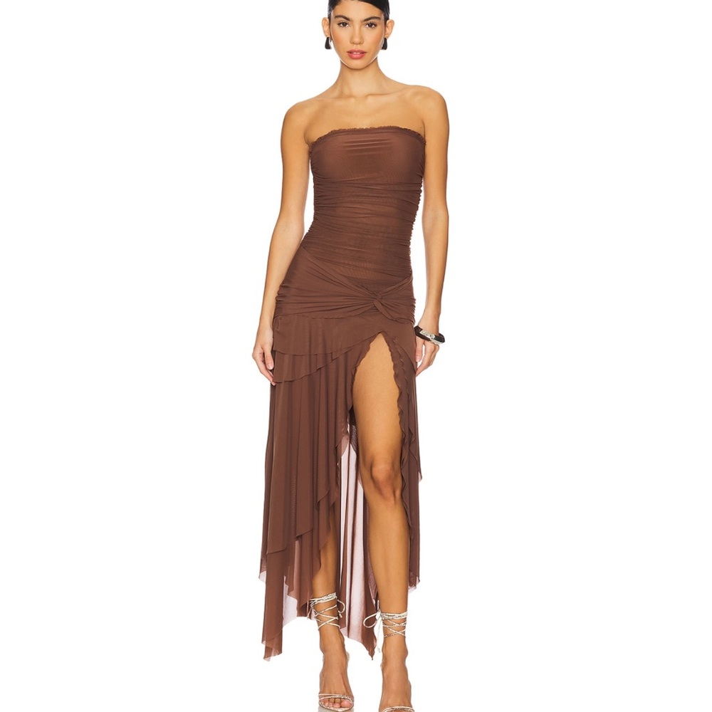 GUIZIO Strapless Asymmetrical Brown High-Slit Maxi Dress